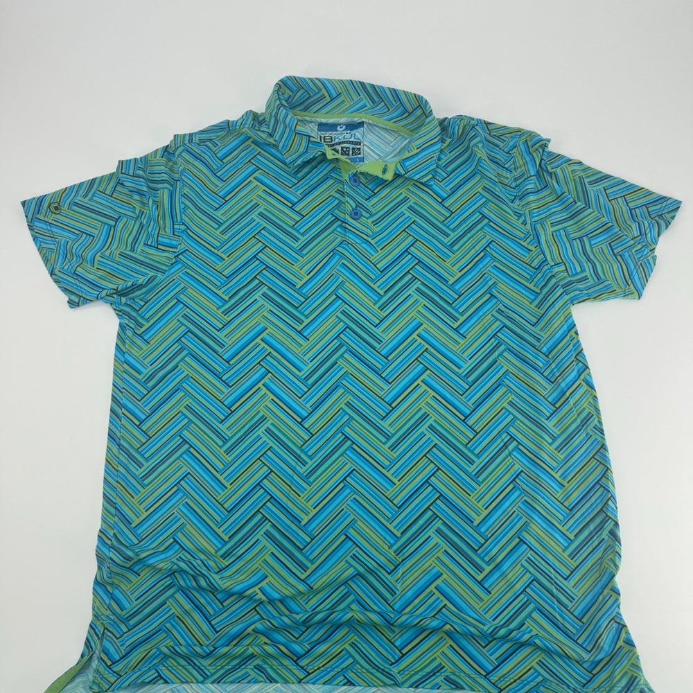 IBKUL Mens‎ Golf Polo Shirt Large Blue Green Pattern Performance Athletic